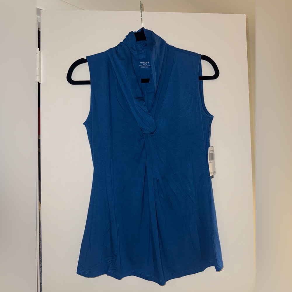 NWT Grace Sleeveless Blue Blouse Knot-Front Top Size Medium